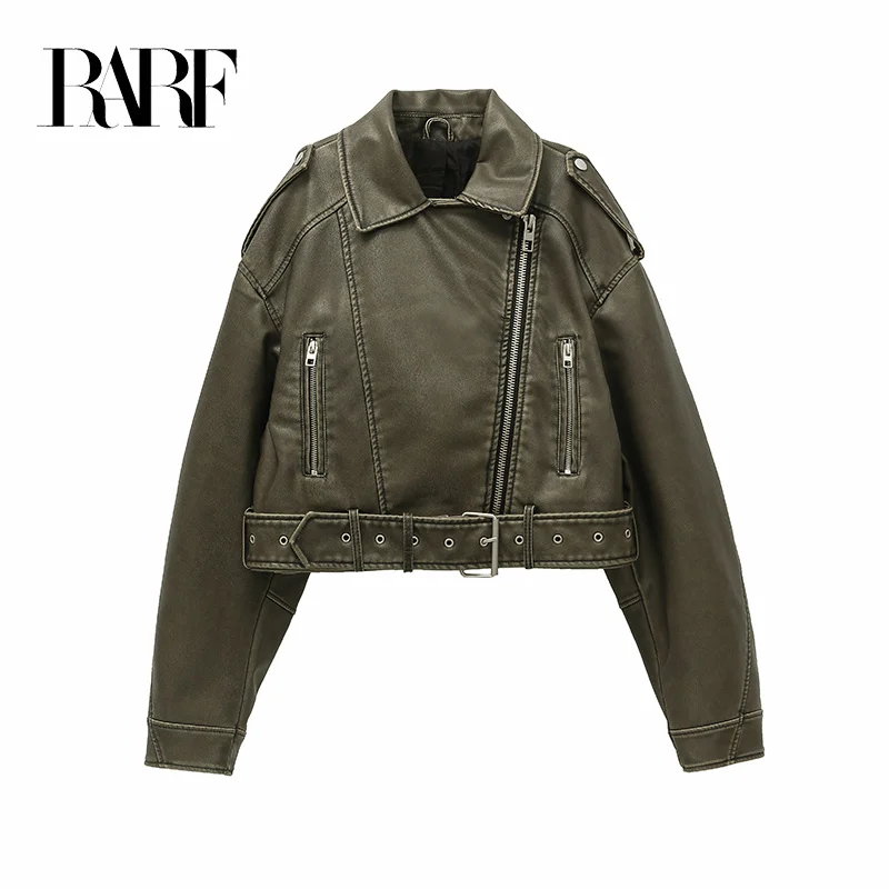 

2023 New style Women's washed leather jacket with belt, short coat with downgraded zipper and vintage lapel jacket