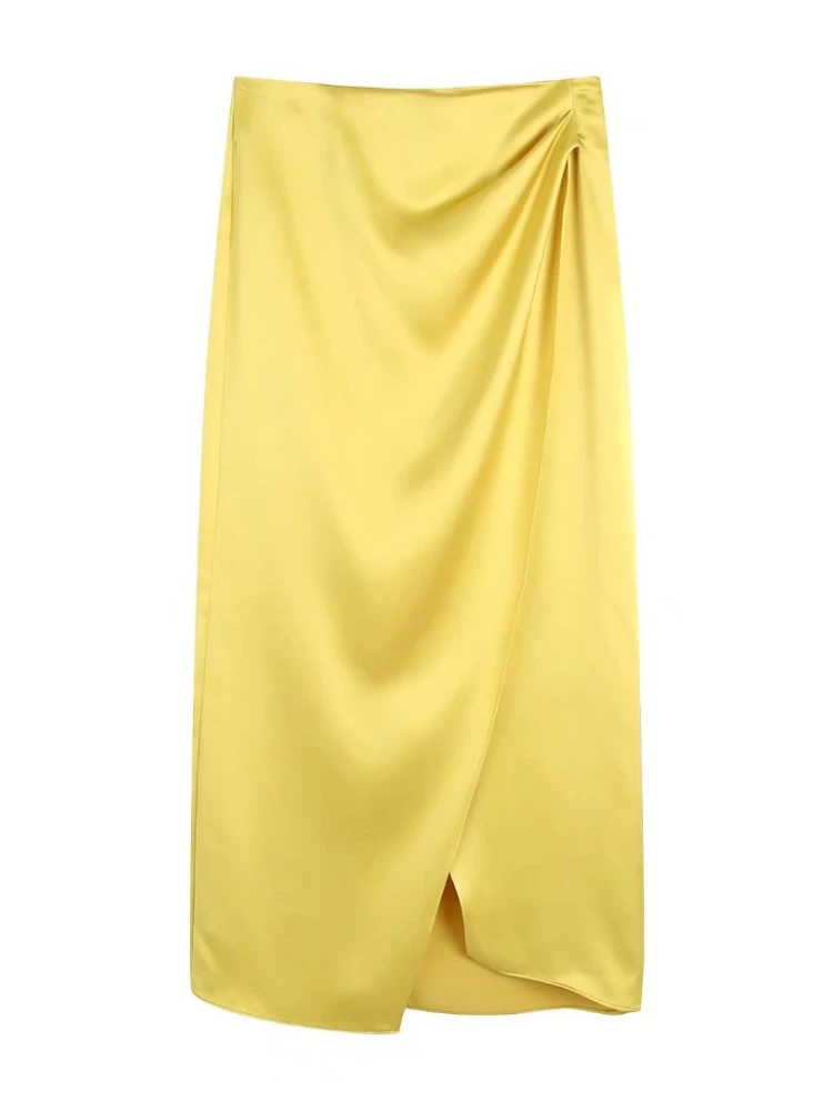 

BBWM Vintage 2022 New Spring Satin Solid Pleated Women Mid Skirts Fashion Elegant Female High Waist Skirt Streetwear Slim Chic