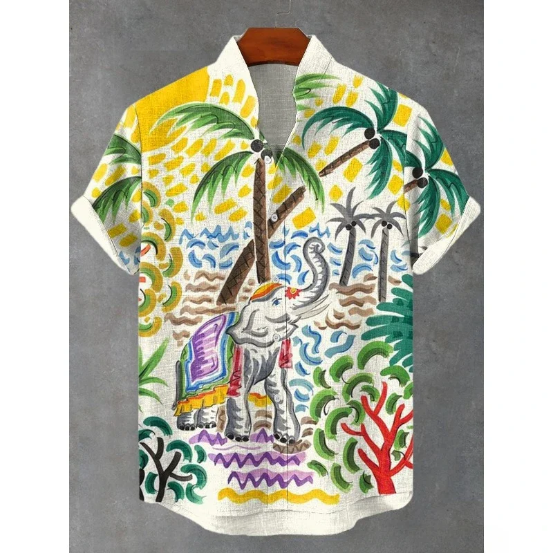 Ethnic Tribal Pattern Elephants and Leaves Printing Short Sleeve Shirt Cool Blouses Summer Stand Collar Shirts Men Hawaiian Tops 4