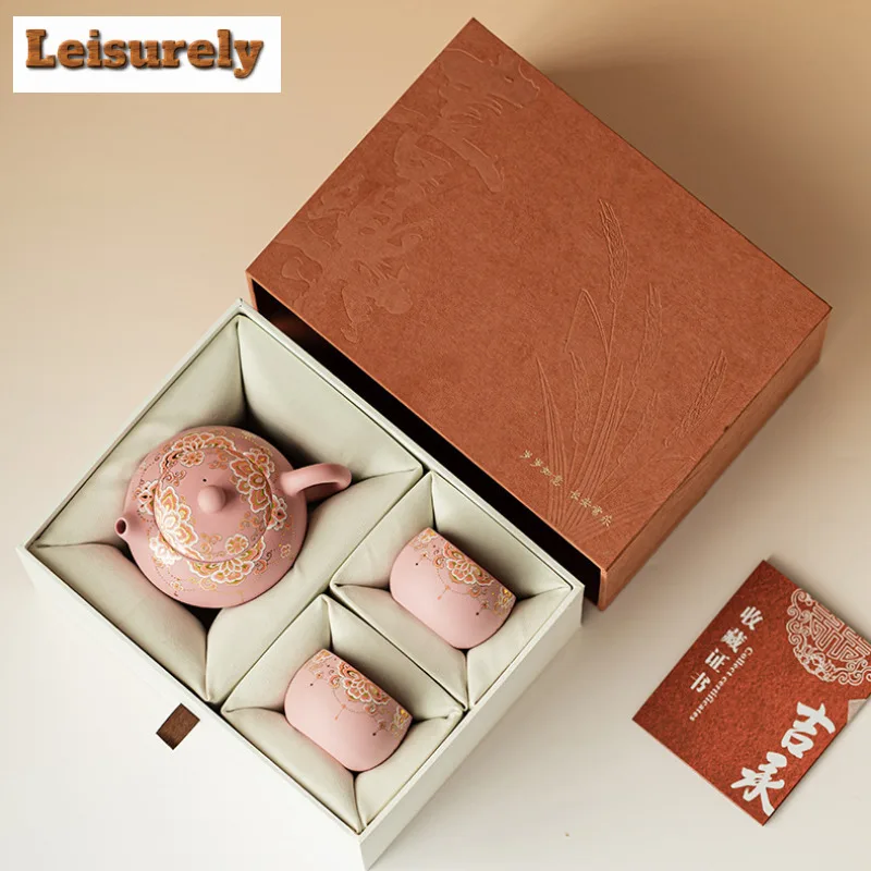 Pink Purple Clay Medallion Pattern Tea Set Complete Set Retro Tea Ceremony Set Tea Maker Teapot and Tea Cup Set Tableware Gift