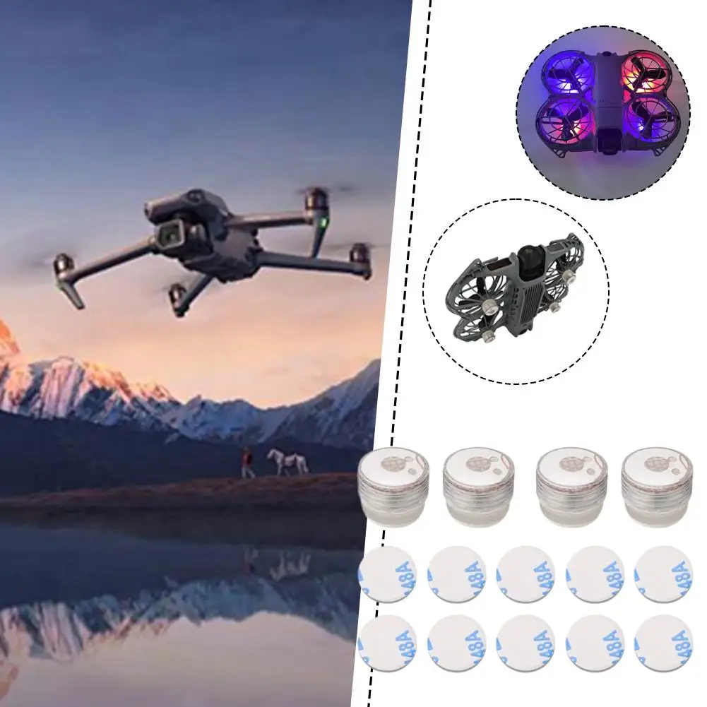 Drone DJI NEO2 en vol nocturne avec sa lumière LED clignotante blanche visible dans le ciel sombre.