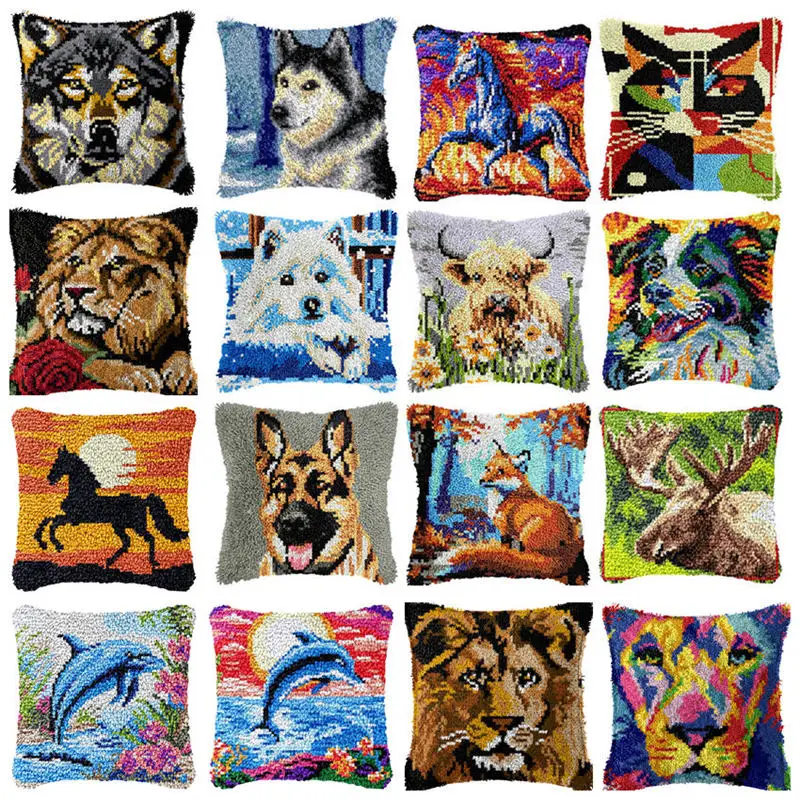 Animals Series Latch Hook Embroidery Cushion Pillows Knot Pillow Package Set For Needlework horse Tiger Wolf Pattern Latch Hook carpet embroidery kit