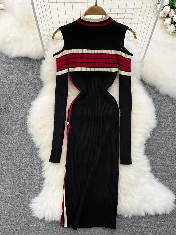 Elegant Stripe Patchwork Off Shoulder Long Sleeve Knit Bodycon Split Pencil  Dress Slim Basic Fashion Button Sweater Dress Winter - AliExpress 200000345