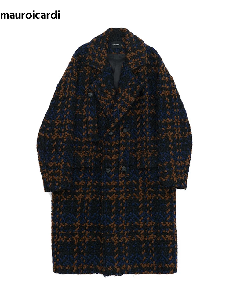Mauroicardi Autumn Winter Long Loose Stylish Cool Thick Warm Plaid Tweed Woolen Coat Men Double Breasted European Fashion 2023 5