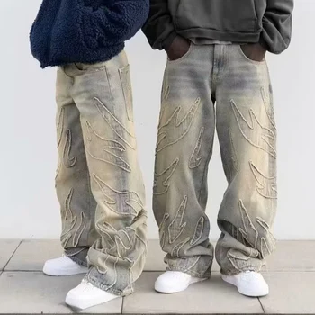 2025 Y2k Hip Hop Baggy Jeans Men's Street Fashion Raw Edge Embroidered Jeans Street Gothic Retro High Waisted Wide Leg Trousers 1