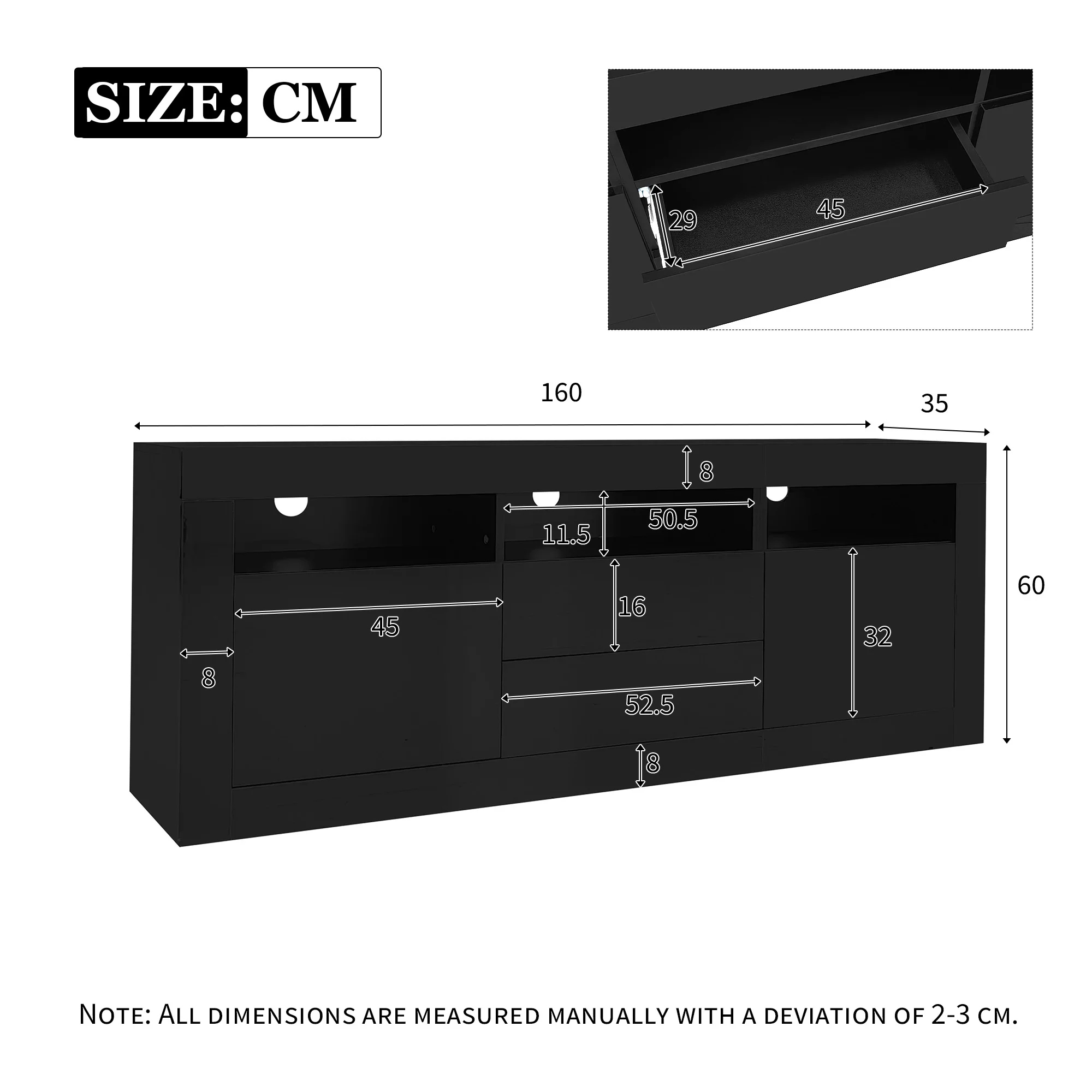 KOMHTOM Hochglanz-TV-Schrank- Mit LED-Beleuchtung, 3 offenen Fächern, 2 Türen und 2 Schubladen, für 70-Zoll-Fernseher – Detail 11