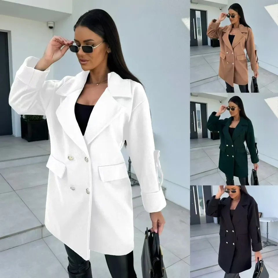 Fashionable Pure Color Winter Woolen Coat Women's Double-breasted Outerwear Versatile Stylish Brand None( AE Stock) Origin China