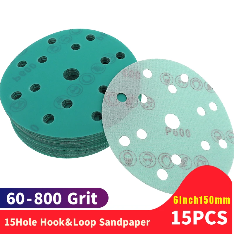 

15 шт. 6 дюймов 150 мм Шлифовальные диски 15 отверстий влажная сухая пленка задняя зеленая линия крючок и петля без пыли для деревообработки или автомобиля