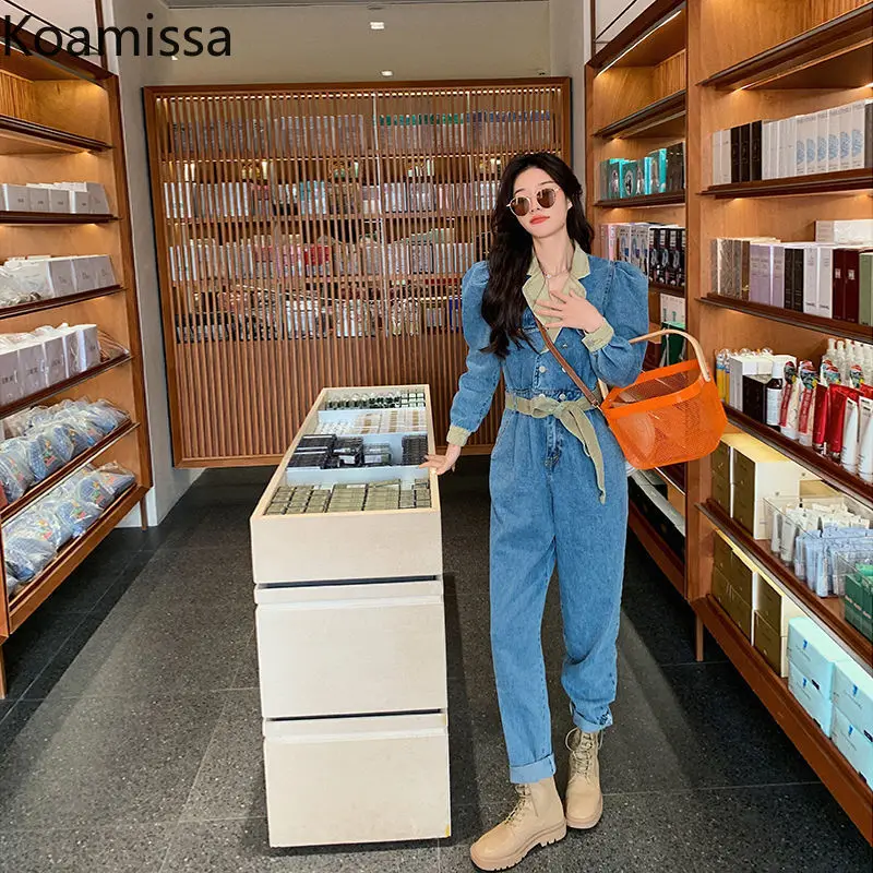 Koamissa Fashion Women Jeans Jumpsuit Nothced Spring Autumn Retro Playsuit Outwear 2022 Chic Bodysuit Denim Jumpsuits Ropa Mujer