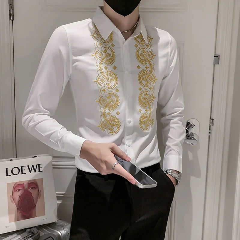 

Luxury Noble Style Embroidery Shirts for Men Business Formal Long Sleeve Male Social Print Shirt Asian Korean Plus Size Clothes