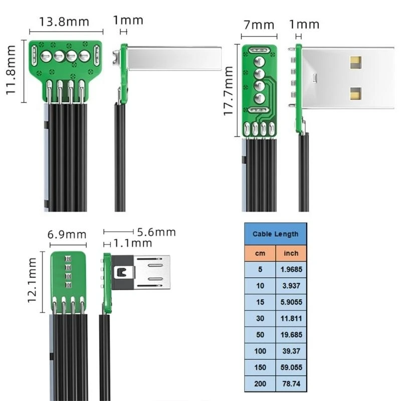 5CM-200CM 초슬림 플렉시블 위아래 및 좌우 각도 90도 USB 마이크로 USB 남성-USB 남성 충전 데이터 케이블