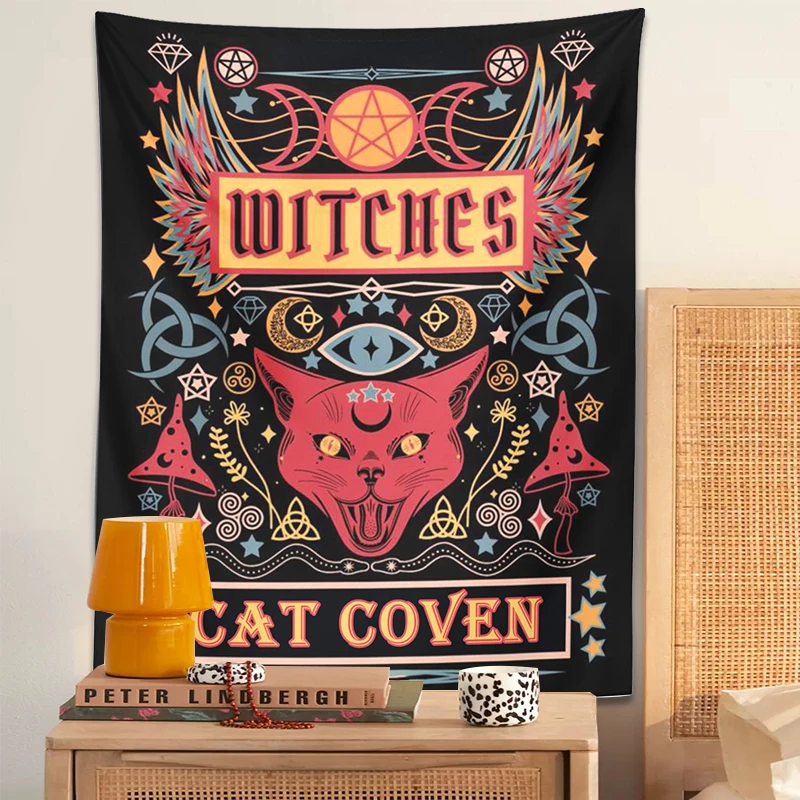 Cat Witchcraft Tapestry Wall Hanging sun moon Tarot mushroom Mysterious Divination for Living Room Home Dorm Decor Cat Coven