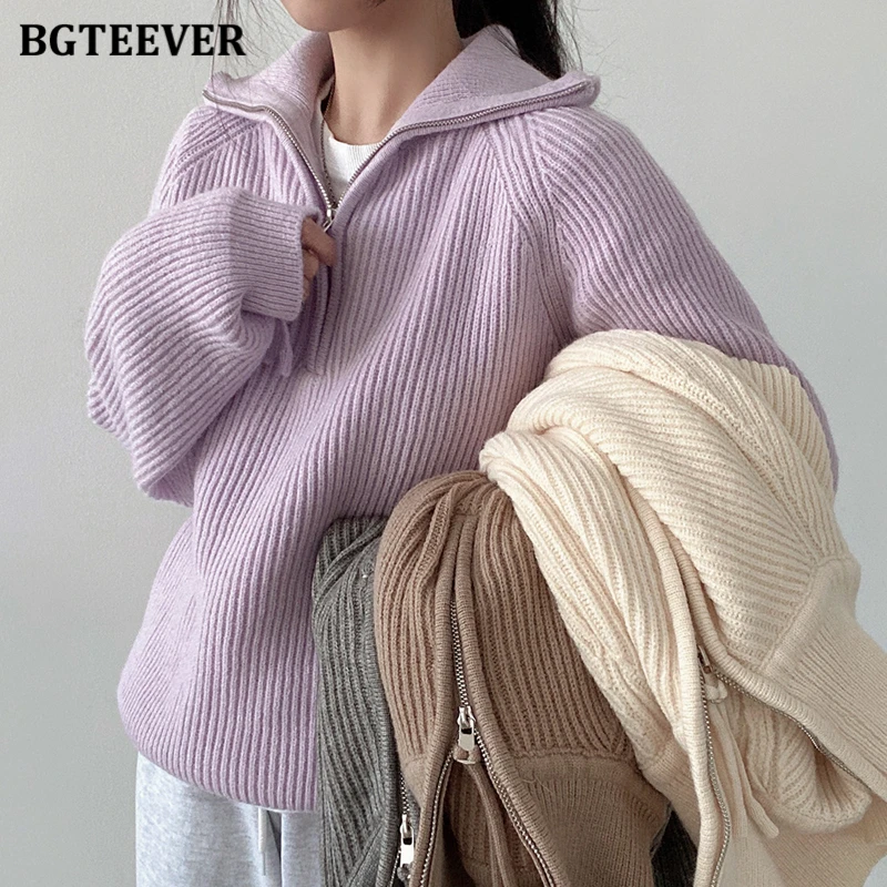 

BGTEEVER Autumn Winter Loose Women Zipper Up Pullovers Turtleneck Sweaters Casualk Full Sleeve Warm Ladies Solid Knitted Jumpers