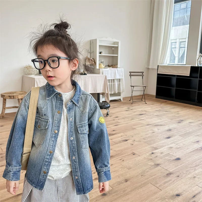 

Autumn Kids clothes vintage loose denim Coats Girls cartoon long sleeve Tops Boys lapel collar jackets