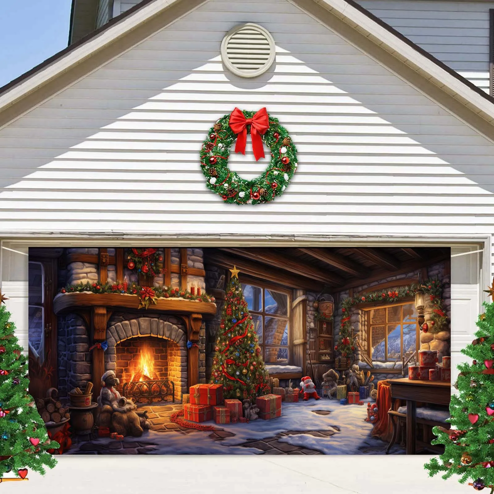 

7*16\6*13ft Christmas Garage Background Cloth Christmas Garage Door Decoration Christmas Garage Door Banner Mural New Year 2024