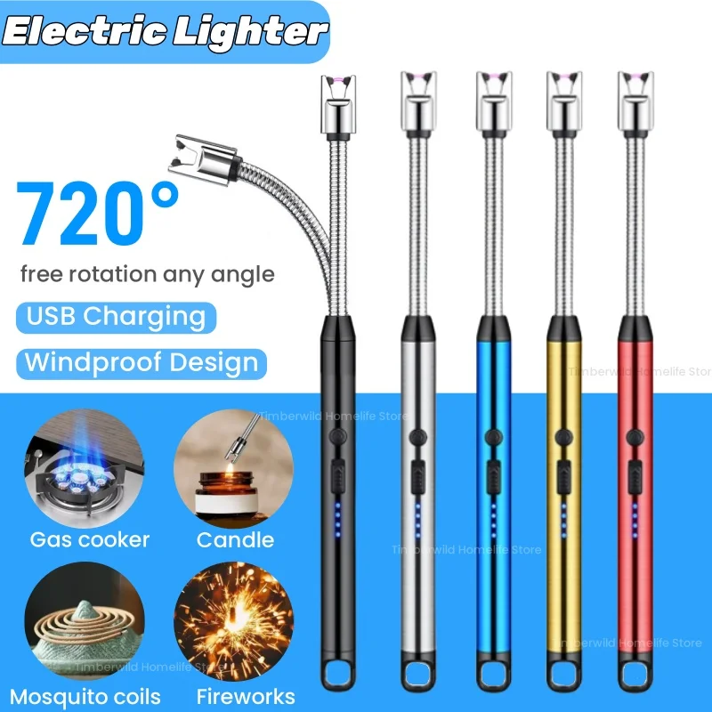 720&deg; Electric Windproof Lighter Long Hose Rechargeable Lighter Pulse Plasma Flameless Safety Ignition Gun For Candle Gas Stove cigarette lighter electric arc igniter