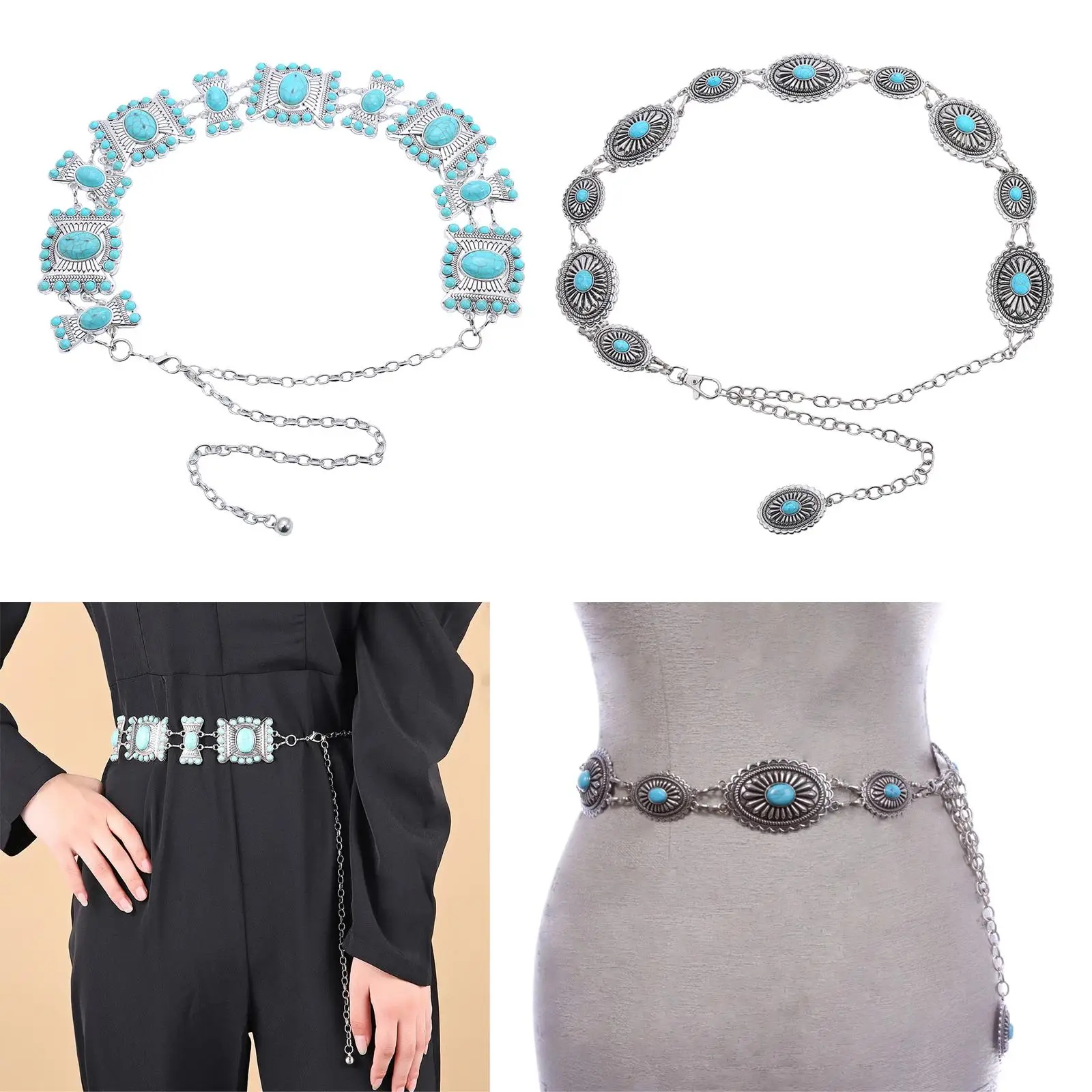  Beach Carved Flower Tribal Tassel Waist Chain Beads Natural Turquoise Chain