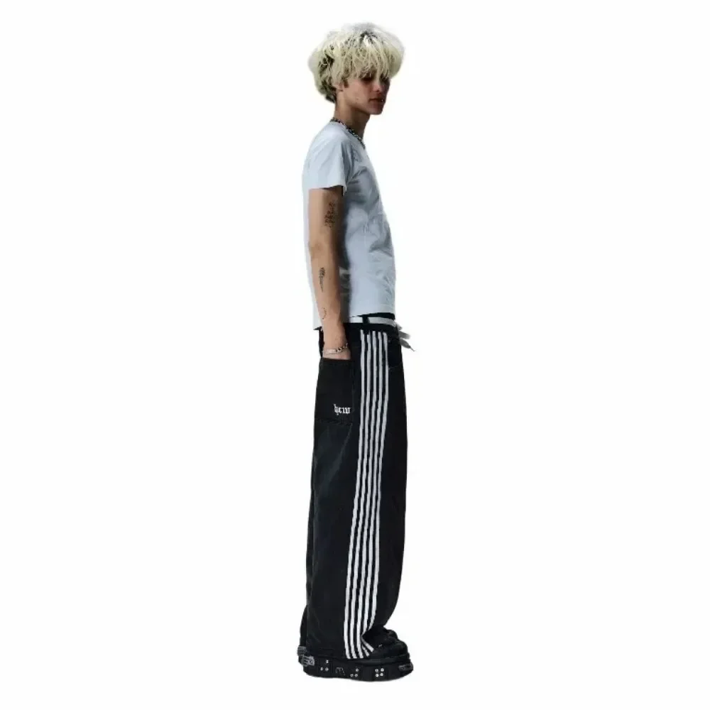 明日で掲載終了！argue culture パンツ　ズボン　y2k グランジ Y2k Harajuku Street Distressed Striped Black Jeans Women