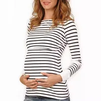Long Sleeve O-Neck Maternity Cotton Nursing Tees Summer Striped Lactation Tops Postpartum Woman Breastfeeding T-Shirt 1