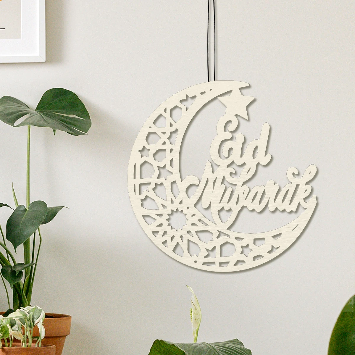 1PC, creative black natural wood color wooden retro pattern moon-decorated pendant, Eid Mubarak festival home decoration pendant