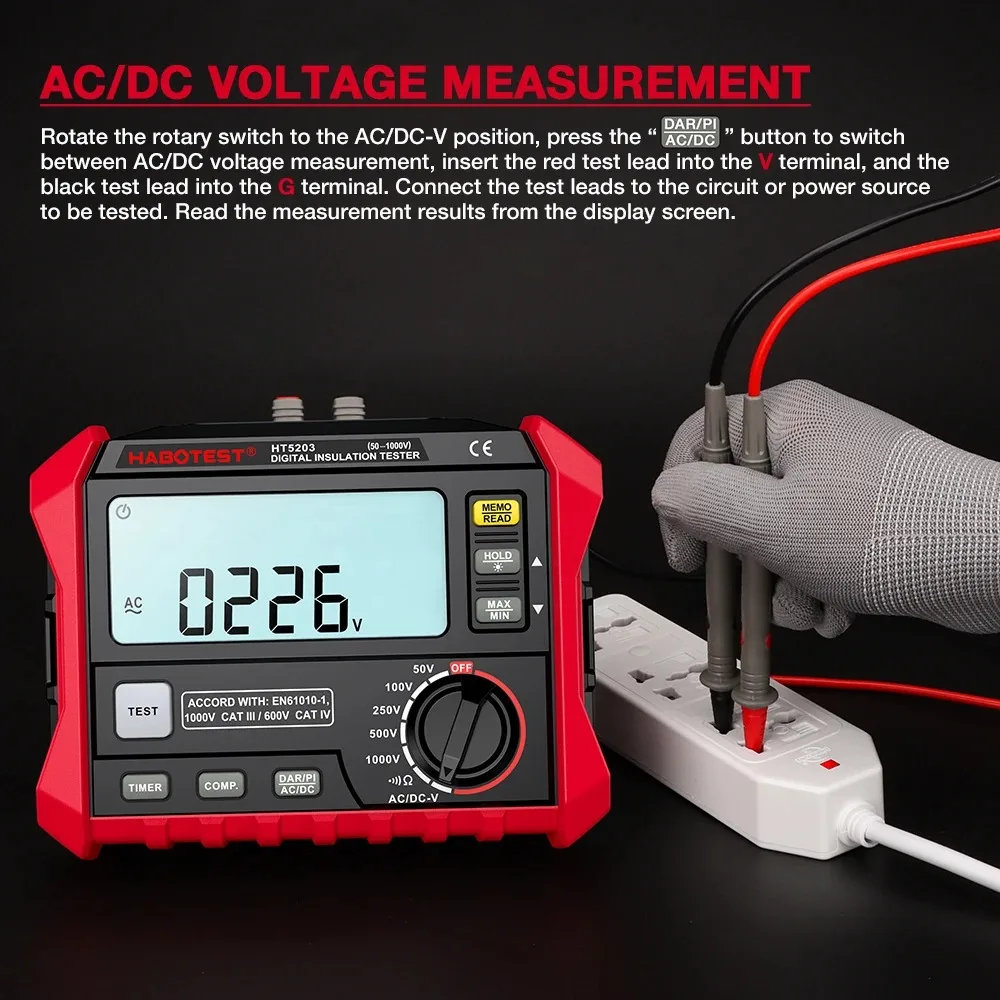 HABOTEST HT5203 Digital High-Precision Voltmeter Resistance Meter Electrical Megger Insulation Resistance Tester 0~100 G&Omega;