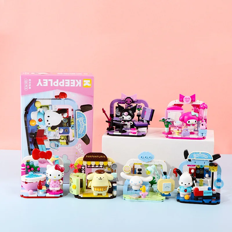 Keeppley 빌딩 블록 Sanrio 헬로 키티 마이 멜로디 Kuromi Pochacco 가족 가정 생활 시리즈 애니메이션 피규어 모델 아이 장난감 선물