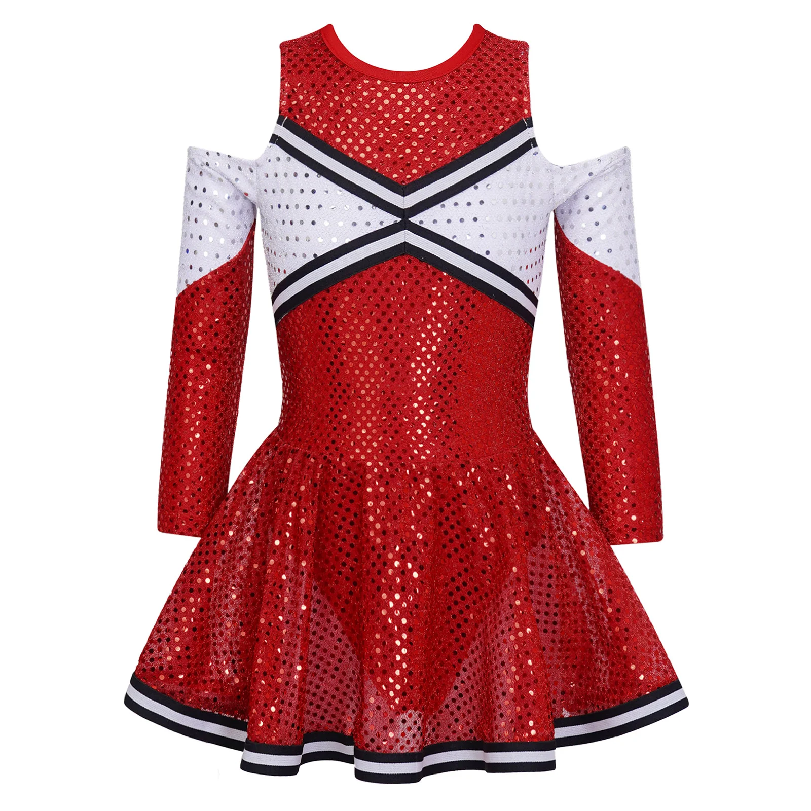 

Kids Girls Cheerleading Outfits Long Sleeve Contrast Color Shiny Sequins Dance Dress Schoolgirl Cheer Leaders Uniform Costumes