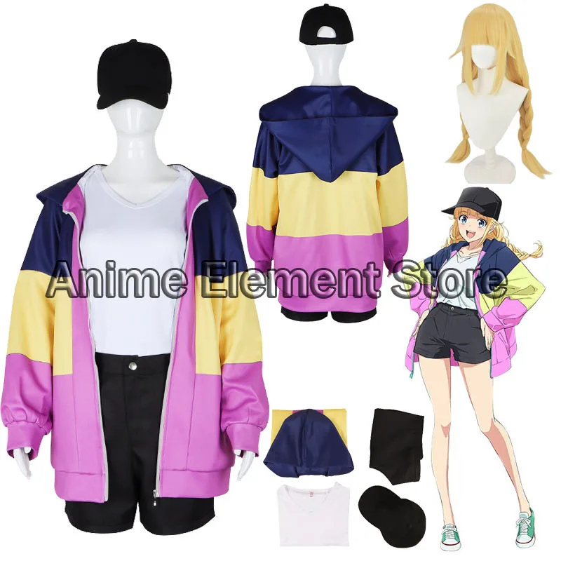 

Anime Paripi Koumei Tsukimi Eiko Cosplay Costume Hooded Jacket Blonde Wig Hat Shirt Pants Girls Set Outfit Ya Boy Women