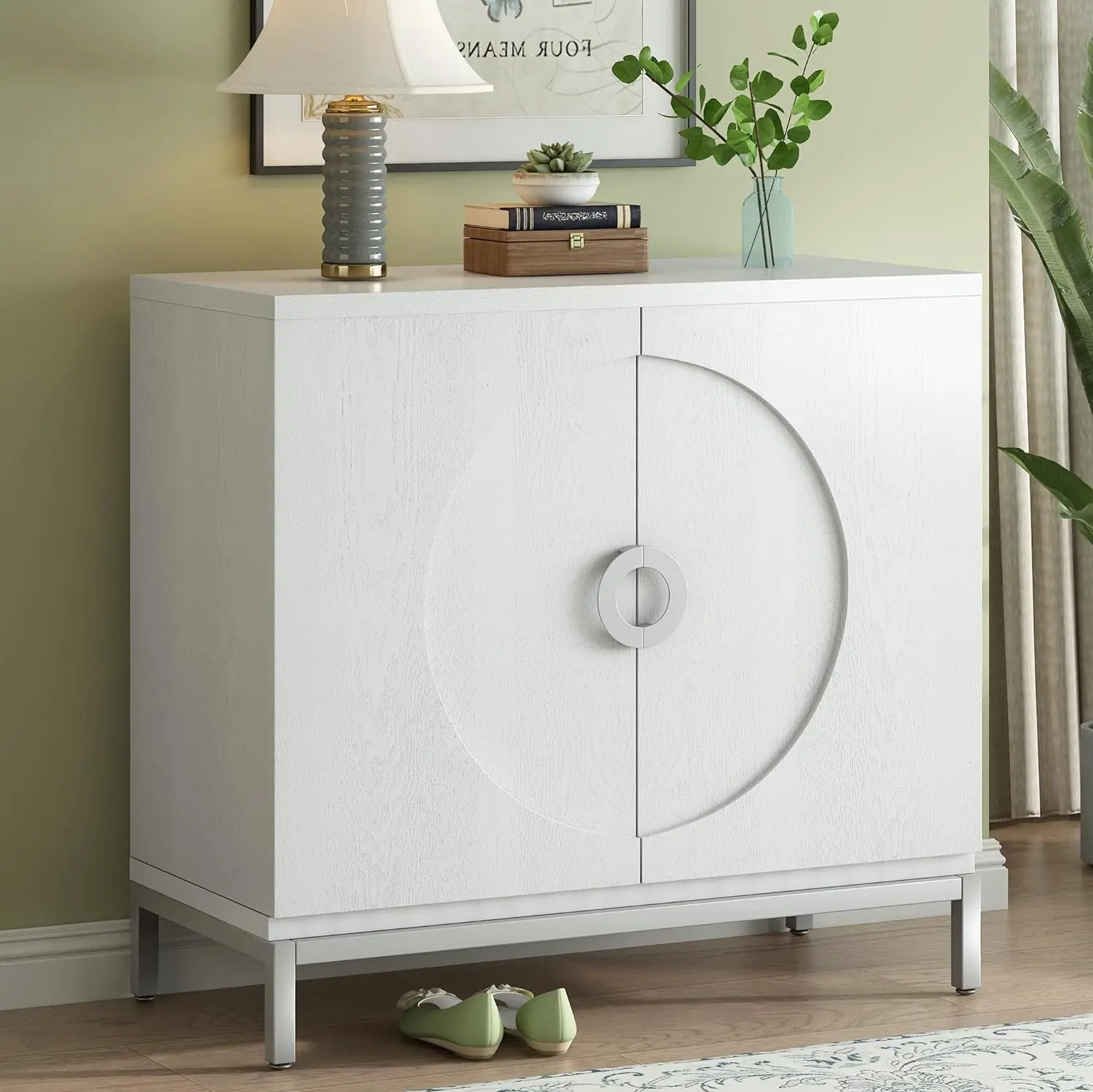 

EOVTK Accent Storage Cabinet with Circular Door Handles, Solid Wood Veneer and Metal Leg Frame