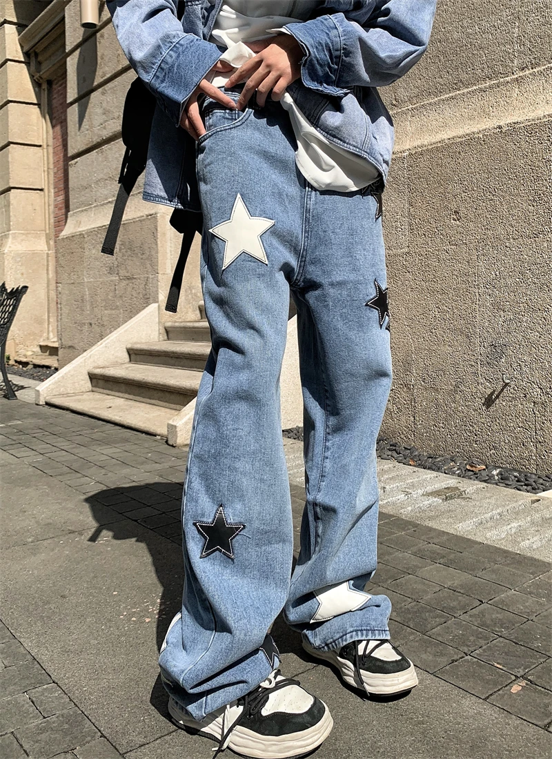 

High Street Embroidery Star Patch Jeans Loose Men and Women All Match Retro Straight Hagh Waist Casual Streetwear Denim Pants