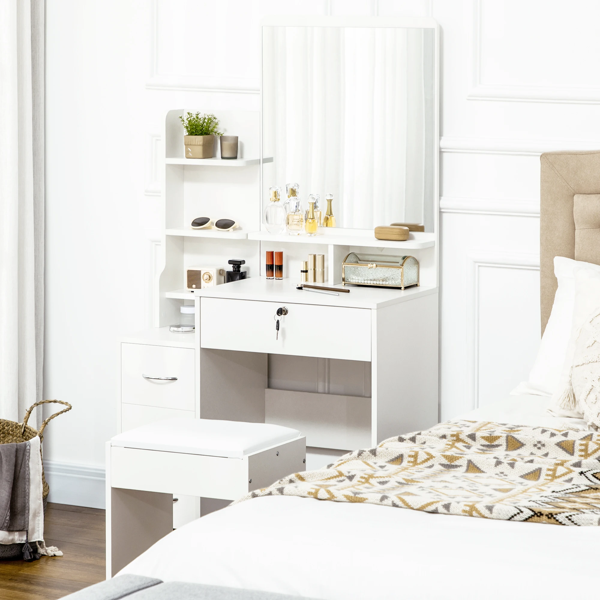 HOMCOM Set Toeletta Con Specchio E Sgabello Imbottito – 4 Cassetti E Ripiani, Bianco/Nero
