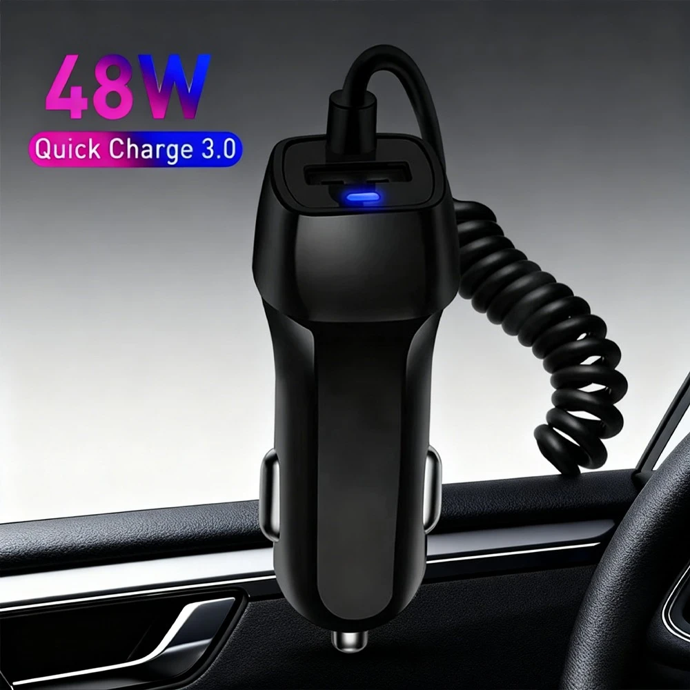 High-Power 48W Fast Charging Spring Cable Car Charger with Universal USB Compatibility