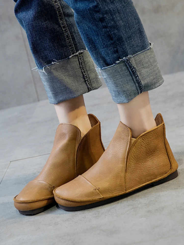 

Birkuir Retro Women Ankle Boots Handmade Genuine Leather Sewn Round Toe Chelsea Boots Flats Shoes Luxury Casual Short Boots