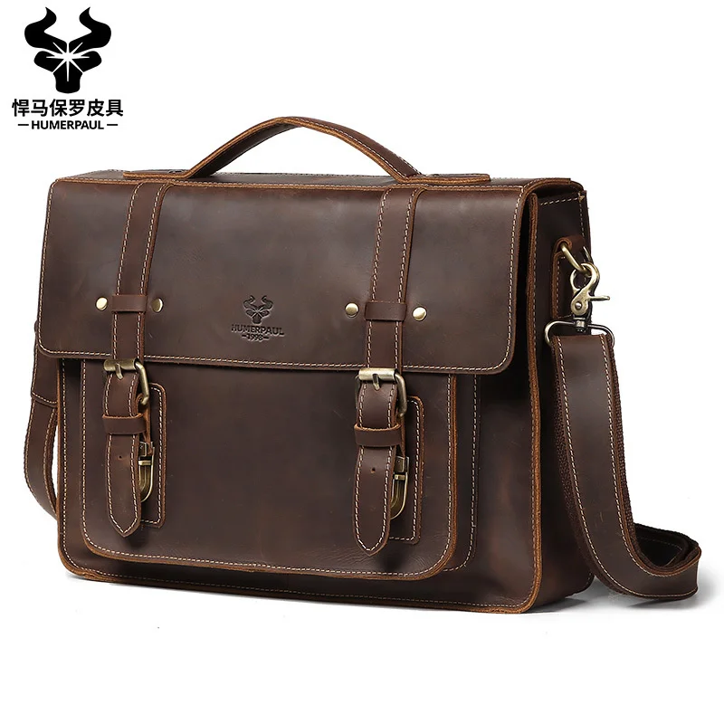 

Men's Crazy Horse Leather Handbag Casual Fashion Briefcase Horizontal One Shoulder Computer Bag