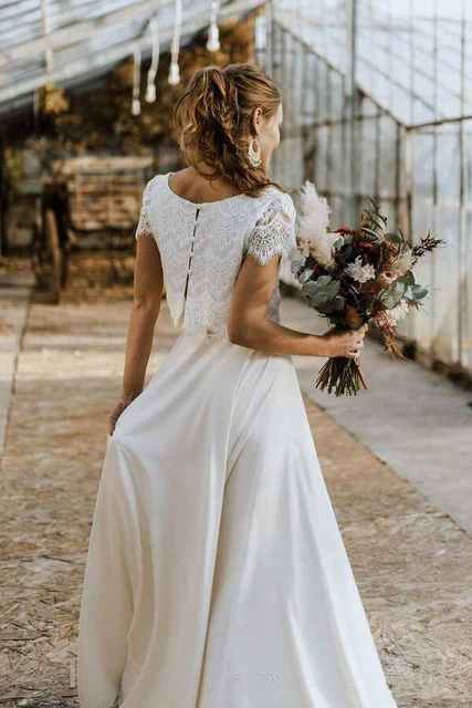 Modest Short Sleeves Two Piece Bridal Separates Crop Top Wedding