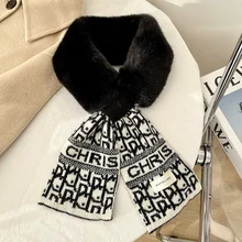 

2021 New Designer Winter Warm Faux Rabbit Fur Collar Scarf Ring Women Luxury Plaid Knitted Snood Scarves for Ladies Neckerchiefs