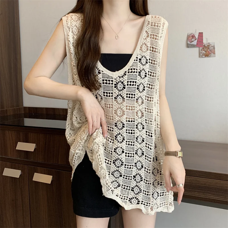 Vintage Boho Hollow Out V-neck Tank Top Women Summer