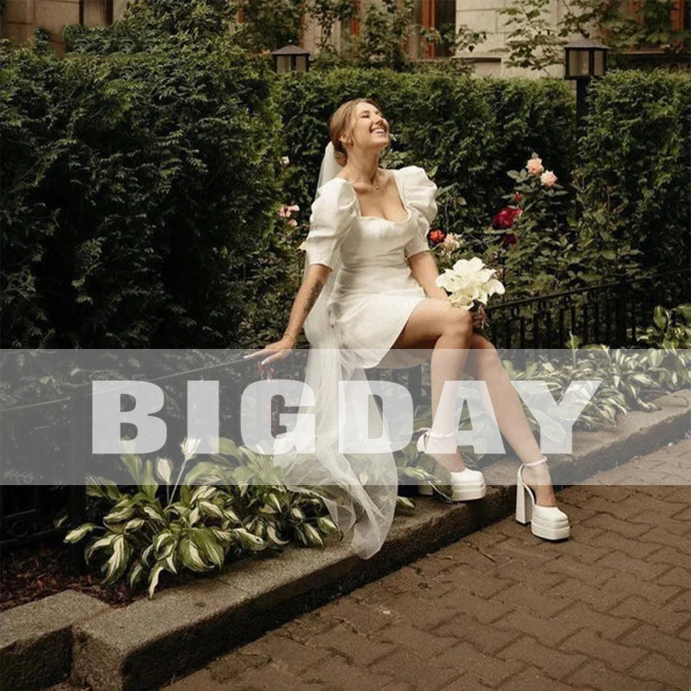 Elegant Short Wedding Dress 2025 Square Collar Puff Sleeve Pleat Open Back Satin Simple Bridal Gown Vestidos De Noiva Customized 3