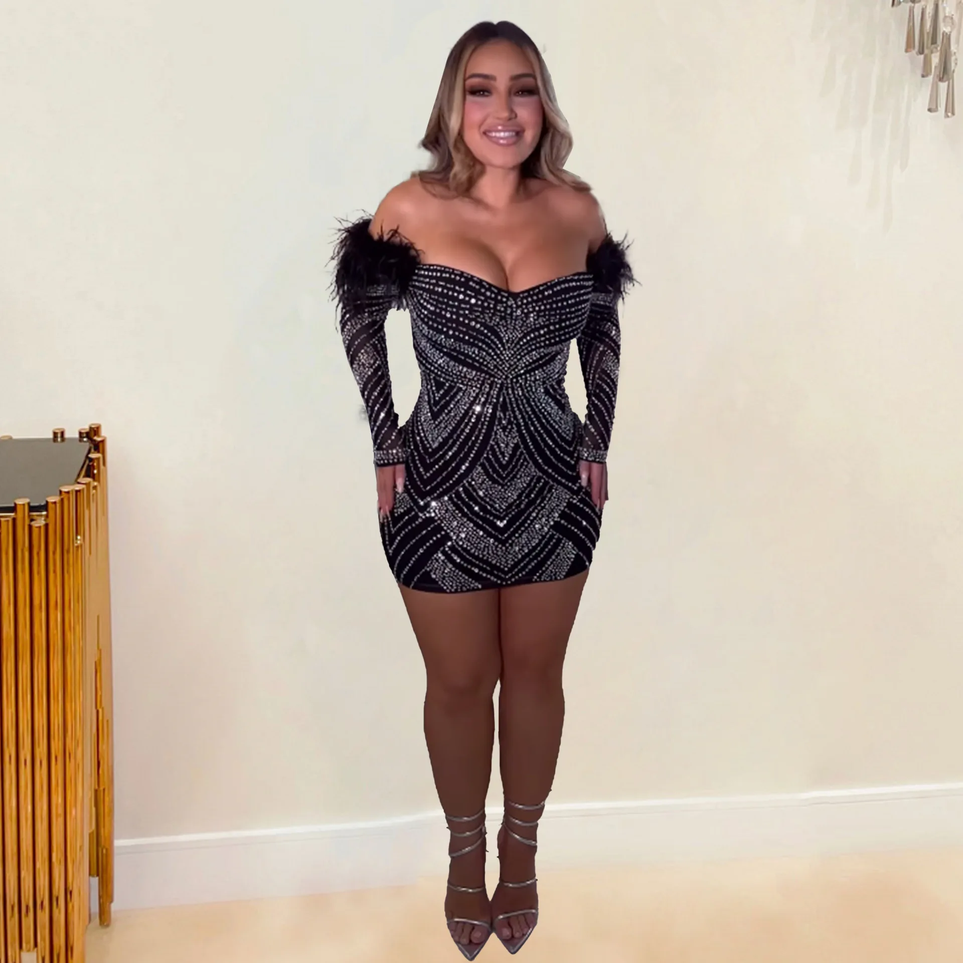 

Zoctuo Women Elegant Sparkly Rhinestone Off Shoulder Birthday Bodycon Feather Dress 2023 Sexy Party Club Female Evening Dresses