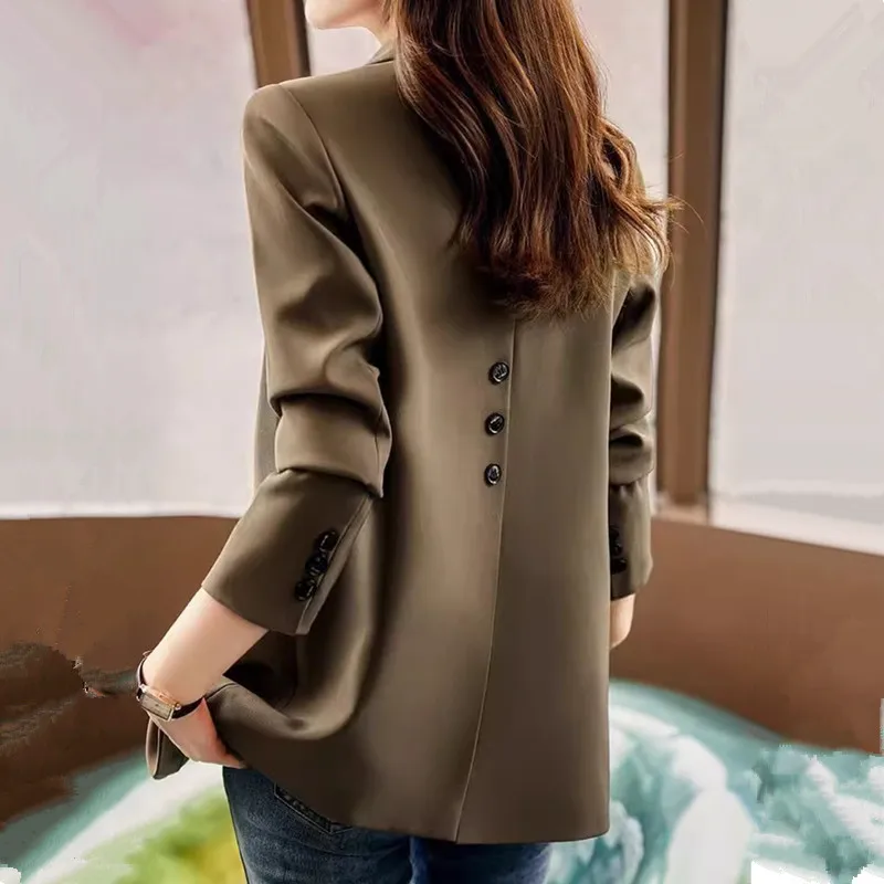 Khaki Black Green Suit Jacket Women Formal Blazer Coat Female Long