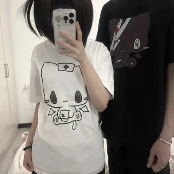 Women Men T Shirts Cartoon Printed Funny Couple Sweet Short Sleeve O Neck Loose Y2k Harajuku Tops Female Casual Tshirt 1