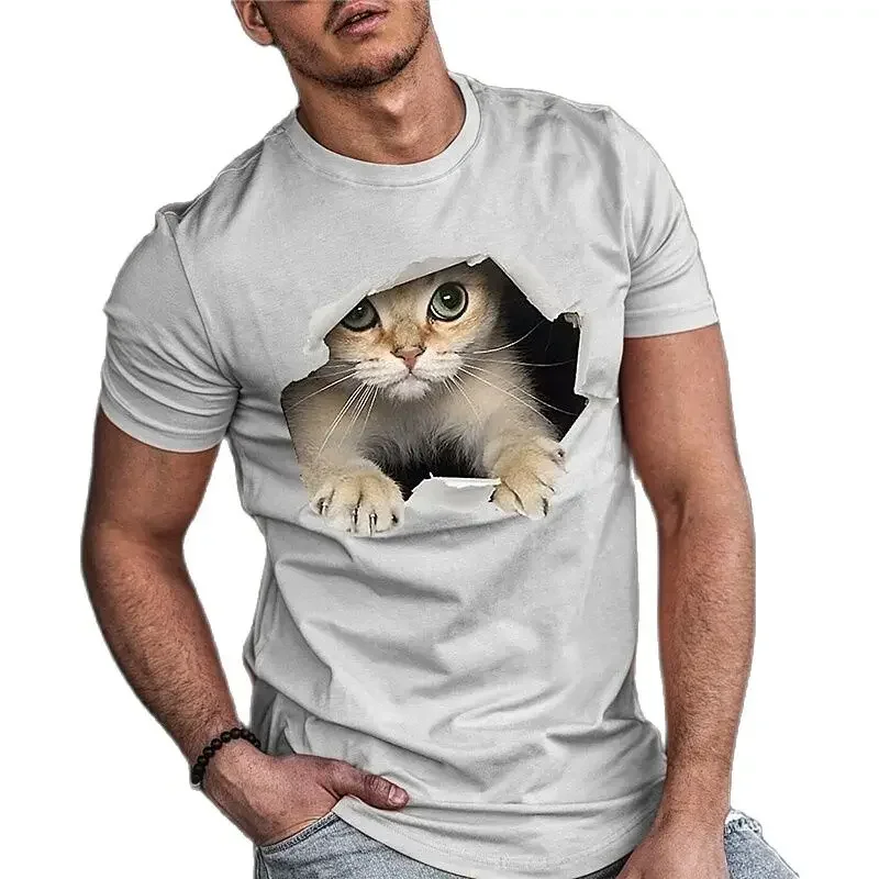 

Fun men's cartoon cat print T-shirt, round neck short sleeved top, 3D wolf print extra large, summer street clothing, cool cloth