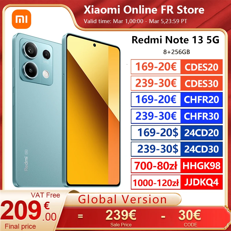 Xiaomi Redmi Note 13 5G Versione Globale 8Gb 256Gb Smartphone Dimensity 6080 120Hz Amoled Dotdisplay 108Mp Fotocamera 33W Nfc