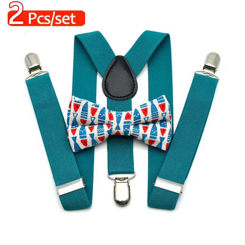 Kids Suspenders Clip Printed Bow tie suit Y-Shape Adjustable and Bow Tie Set for Christmas Party Costume Dress 2Pcs