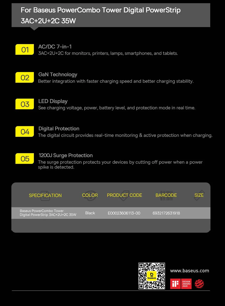 شاحن سريع Baseus 35 واط شريط طاقة 7 في 1 مع واقي تدفق 1200J لهاتف iPhone شاو شاو