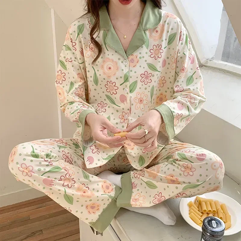 

Sleeve Mujer Ruffle Set Pajama Plus Skin-friendly Breathable Sleepwear Top+pants Homewear Cherry Print Long Size