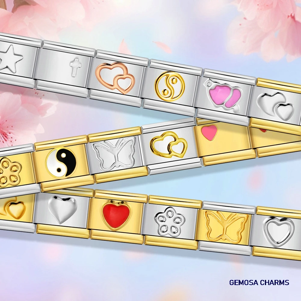 GEMOSA Foundation Goldfarbe Herz Schmetterling Blume Charm Schmuck Italienische Links Passend für 9 mm Edelstahl DIY Herstellung von Braceltes – Detail 1