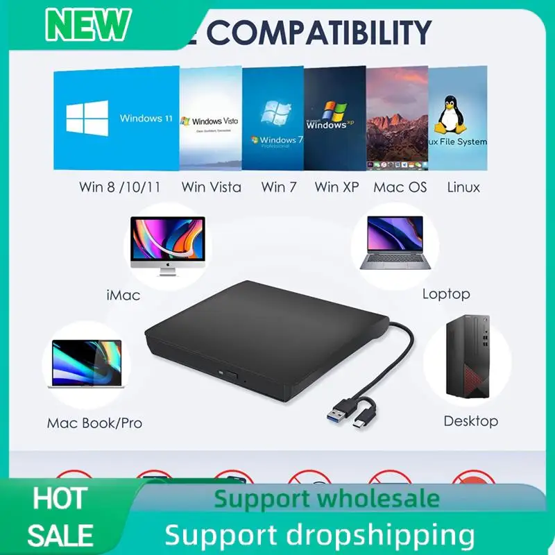Solid External CD DVD +/-RW Drive, USB 3.0 & USB-C Portable CD & DVD ROM Burner Player Reader Writer Rewriter Disc Drive