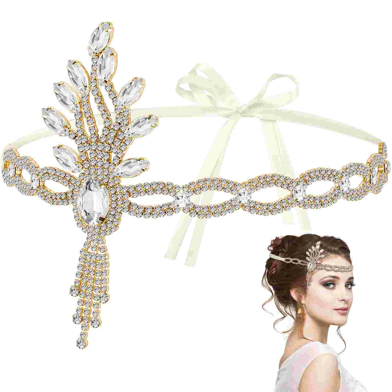 

Headband Vintage 1920s Bridal Leaf Hairband with Ribbon Wedding Rhinestone Headwear for