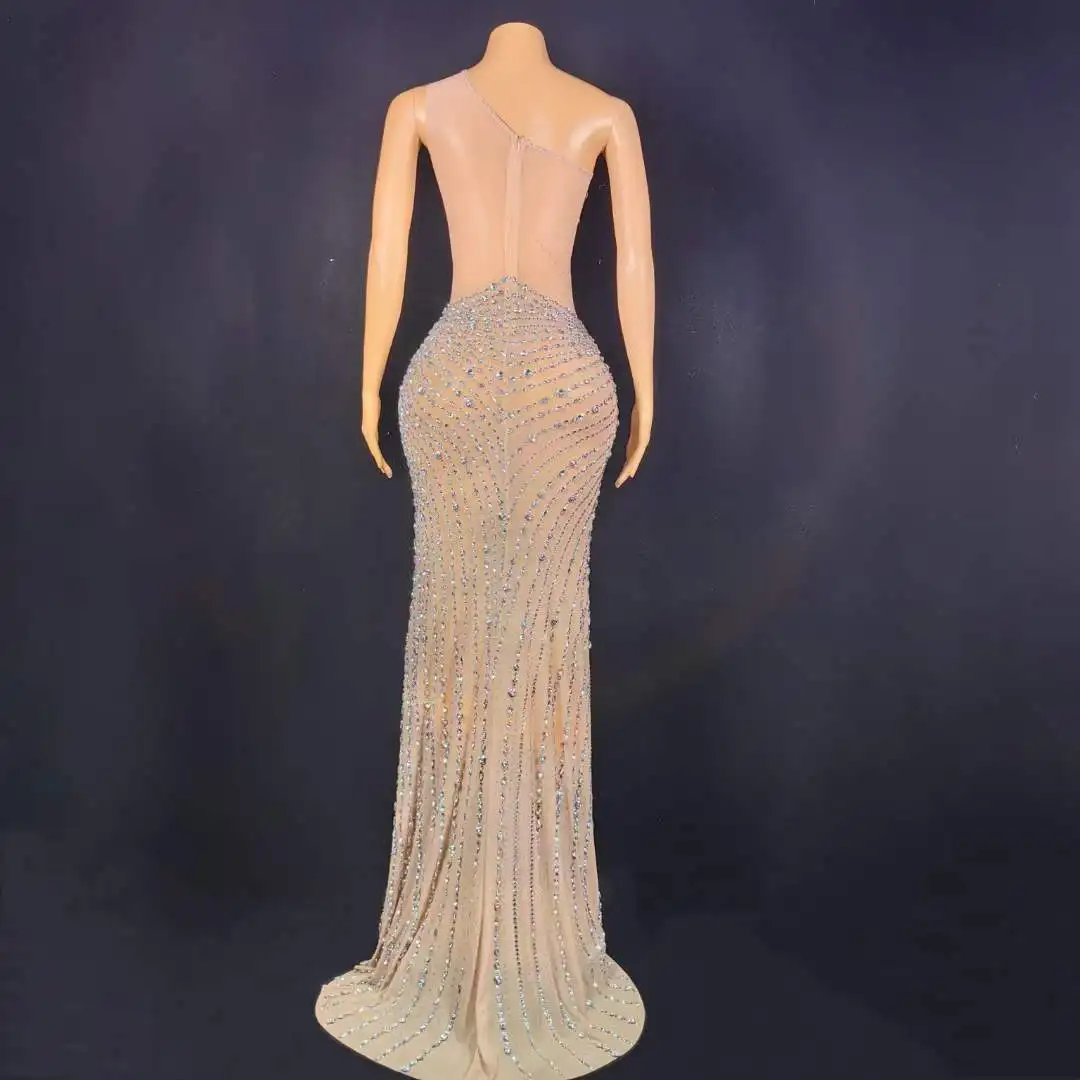 Sheer Mesh Silver Rhinestone Long Dress For Women Vegas Showgirl Crystal Birthday Party Singer Performance Drag Queen Costume